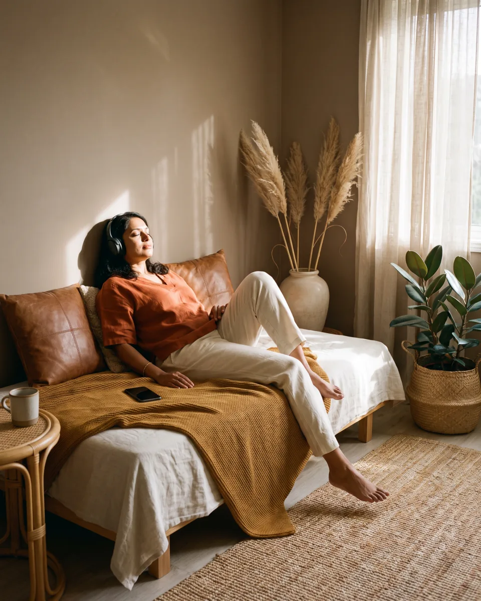 A woman reclining with headphones in a softly lit room.