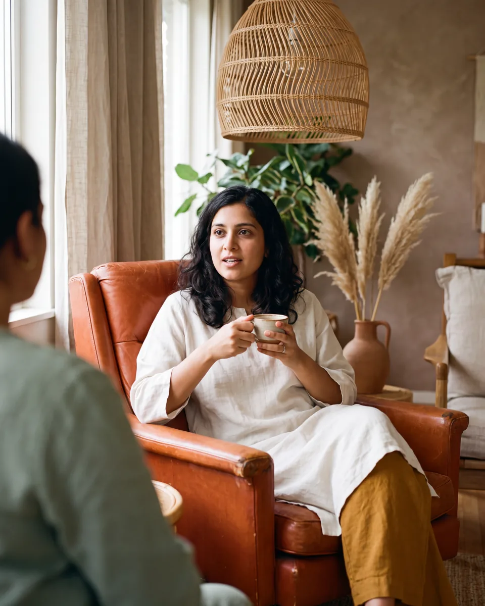 A woman holding a cup while talking with someone in a sunlit room.