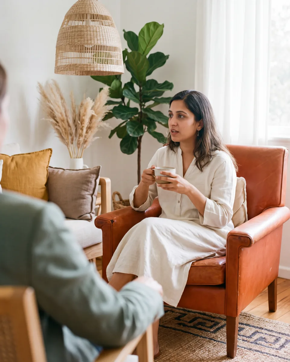 A woman holding a cup while talking with someone in a sunlit room.