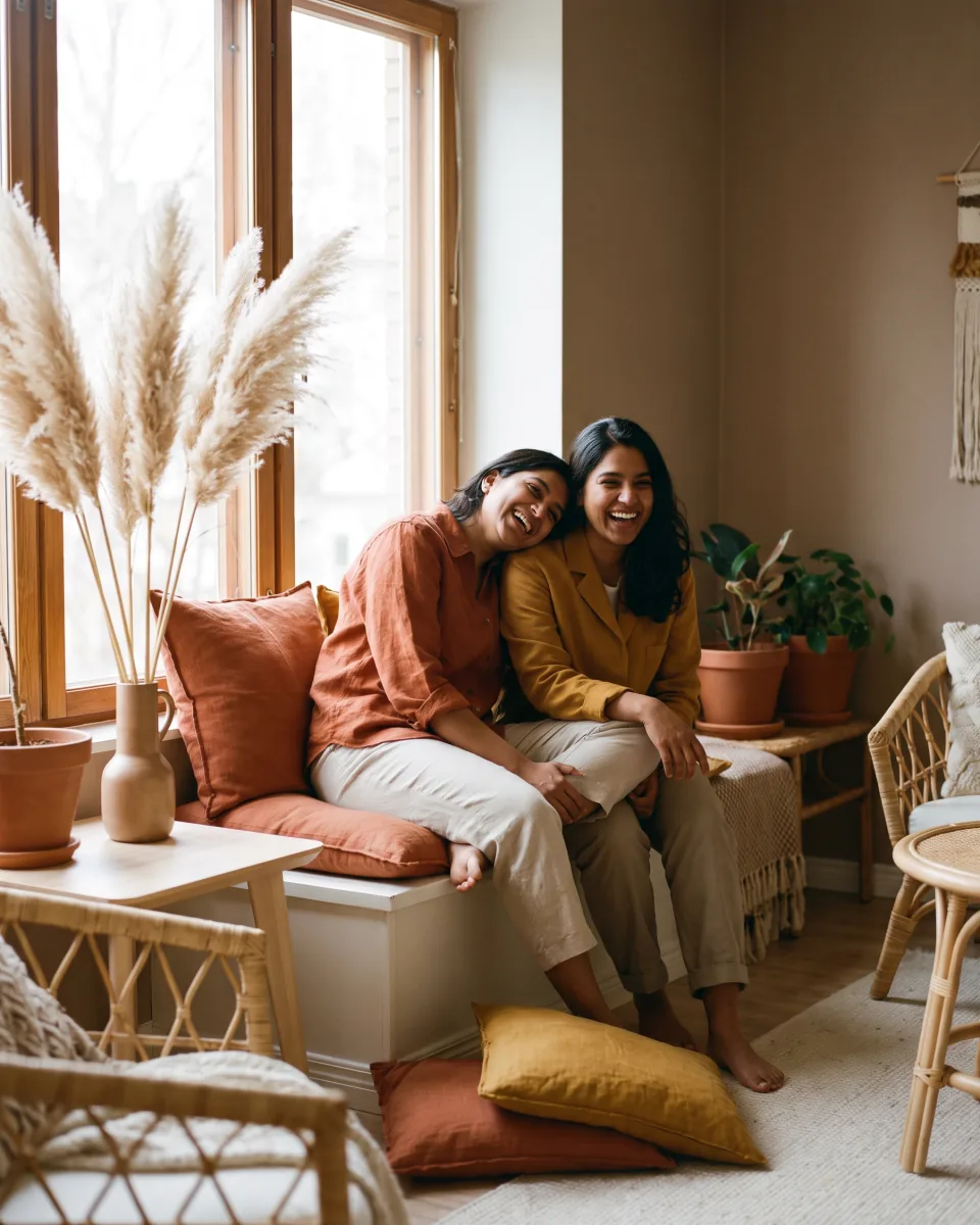 Two people leaning together on a sofa beside a window.